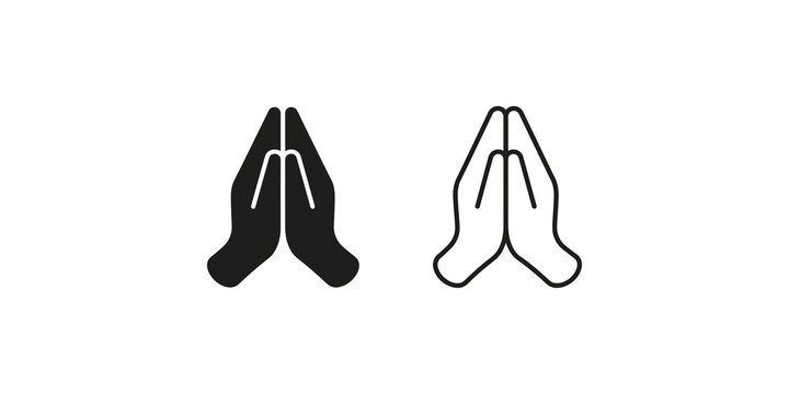 Folded hands praying outline and solid vector icons on transparent.