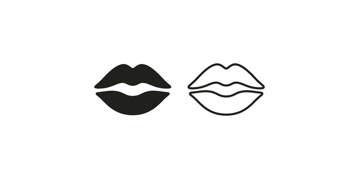 Female lips sensual kiss solid and thin line vector graphic set.