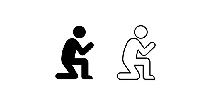 Kneeling person praying solid and line outline stick figure set.