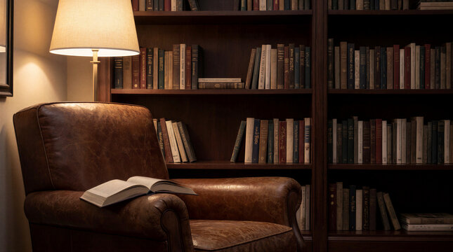 Warmly illuminated reading nook featuring a worn leather armchair and an open hardcover book inside a library