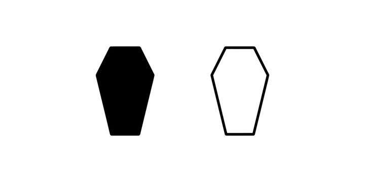 Spooky classic coffin icons in solid silhouette and outline graphic.