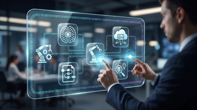 Technical specialist navigating complex data network and industrial automation dashboard with integration on transparent glass interface for modern manufacturing