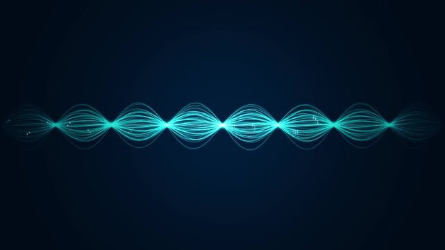 Glowing blue DNA helix structure animated with shimmering particles on a dark background, representing genetic code, science, and technology