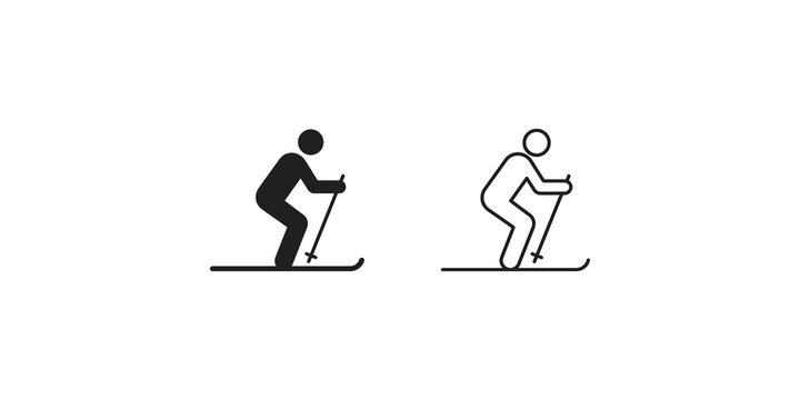 Skier icon in solid black and outline vector style on transparent.