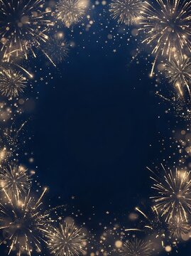 Dark blue background with golden fireworks and star confetti for celebratory event design.