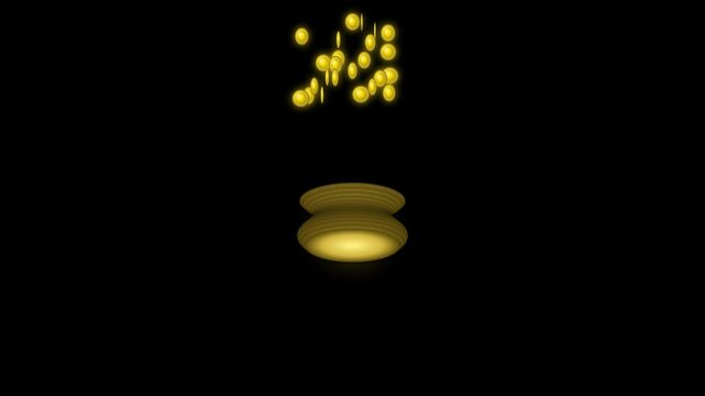 An animated golden clam shell opening and closing against a dark background while golden coins fall inside with twinkling stars.