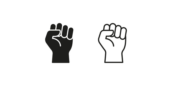 Clenched fist raised hand solid and outline vector icons for resistance.