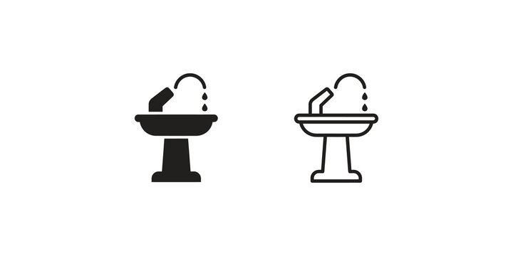 Drinking water fountain basin black outline and solid vector system icons.