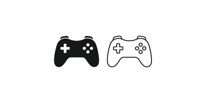 Classic video game controller black and white linear vector design icons.