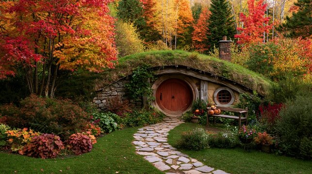 a whimsical hobbit house nestled in a lush forest during autumn. The house has a round wooden door and a stone chimney, surrounded by a vibrant array of trees displaying red, orange.