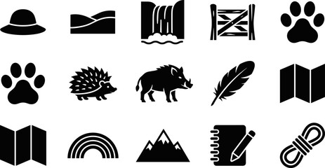 Obraz premium Collection of black outline icons representing nature camping hiking and outdoor activities in a grid.