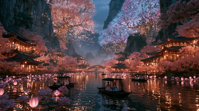 a traditional Asian landscape at twilight. The scene is bathed in soft pink and purple hues, with cherry blossom trees in full bloom. The water reflects the lights from the lanterns.