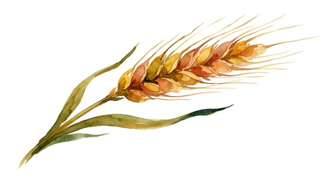 Watercolor Illustration Of Golden Wheat Stalk Isolated On A White Background For Design Elements