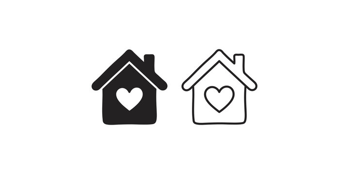 House with heart shape glyph and line icons for real estate projects.