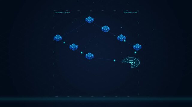 Abstract digital network visualization with glowing blue cubes connected by lines on a dark grid background, representing data transfer and connectivity
