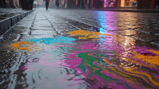 Raindrops on Colorful Powdered Pigments on Wet Pavement Reflections