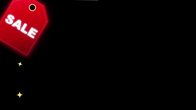 A glowing red sale tag hangs from a thin string against a black background, swaying slightly while small golden stars sparkle around it.