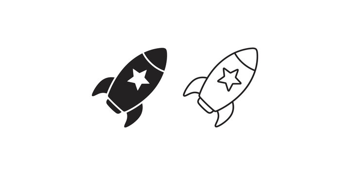 Black rocket space ship launcher in solid and line art graphic set.