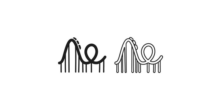Black roller coaster theme park rides line and solid vector graphic.