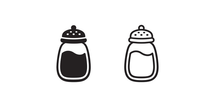 Black salt and pepper shaker icons in solid and line vector styles.
