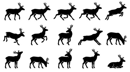 Fototapeta premium Reindeer silhouette set showing various movement poses and natural animal behaviors