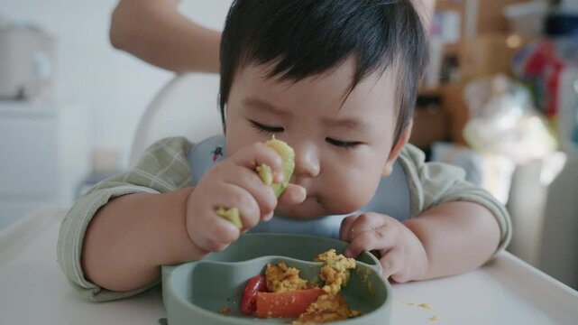 Asian baby boy eating boiled corn on high chair, BLW (baby-led weaning) concept, healthy solid food introducing to infant at home