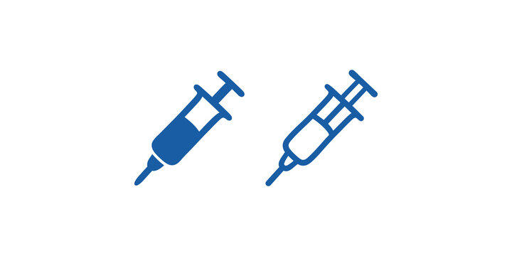 Blue medical syringe vaccine injection needle outline and solid icons.