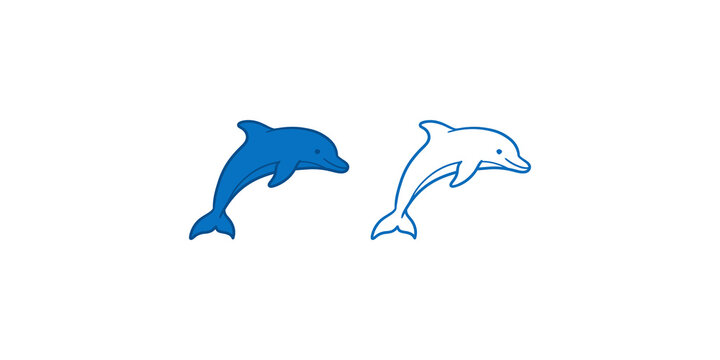 Dolphin icon pair in blue solid and outline style for marine life study.