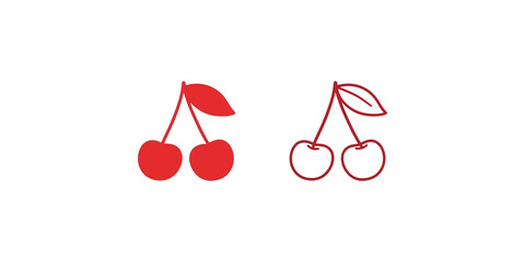 Red twin cherry berry icons in flat solid and thin outline shapes. © 扁平化图标 