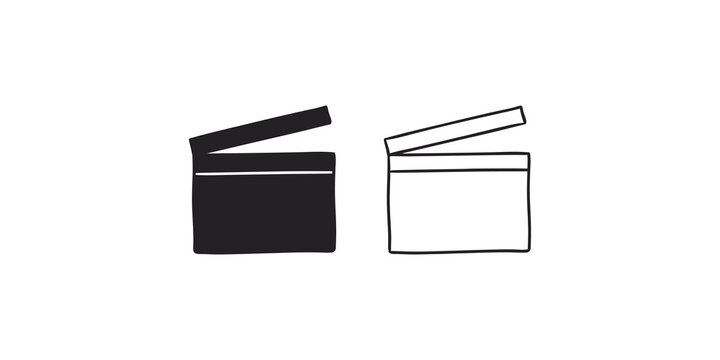 Movie clapperboard vector icons in solid and outline style variations.