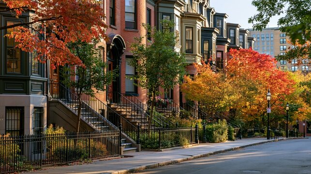a vivid urban street scene captured during autumn. A row of multistory brick buildings with ornate facades and balconies line the street, each with a distinct color palette of red, orange, yellow.