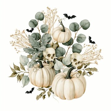 a bouquet of pumpkins, eucalyptus leaves, and dried flowers. The pumpkins are painted in a soft, muted color palette of white and beige.