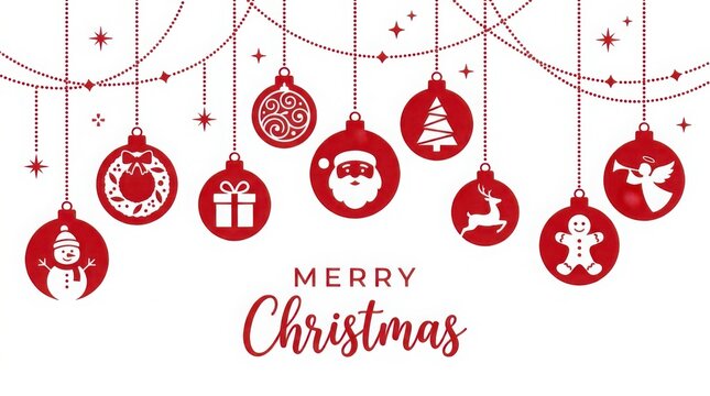 Red Christmas Ornaments Hang Against White Background With Merry Christmas Text