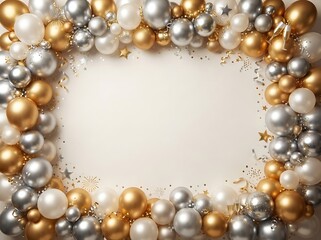 Naklejka premium Gold and silver balloon garland border with champagne flutes for luxury holiday party event display.