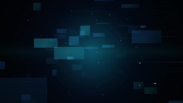 Abstract digital rectangles and small particles floating in dark blue futuristic background, technology data stream, glowing elements