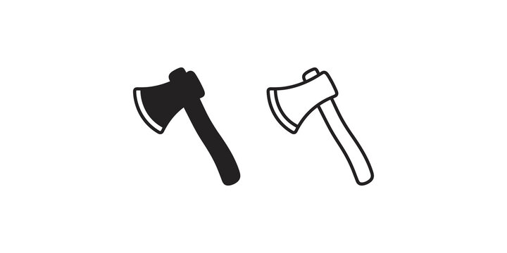 Ax tool icon set black silhouette and line art for woodcutting work.
