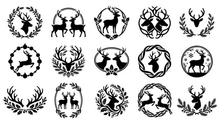 Fototapeta premium Christmas Reindeer Wreath Vector Set with Deer Silhouettes and Festive Holiday Icons