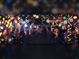 Naklejka premium Golden party ribbons with blurred colorful festive confetti lights background for holiday celebration.