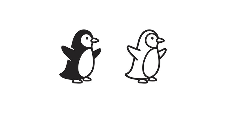 Cute penguin character graphic set in black solid and outline ink style.