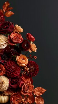 a vibrant bouquet of flowers against a dark, muted background. The bouquet consists of roses, dahlias, and other flowers in various shades of red, orange, and beige.