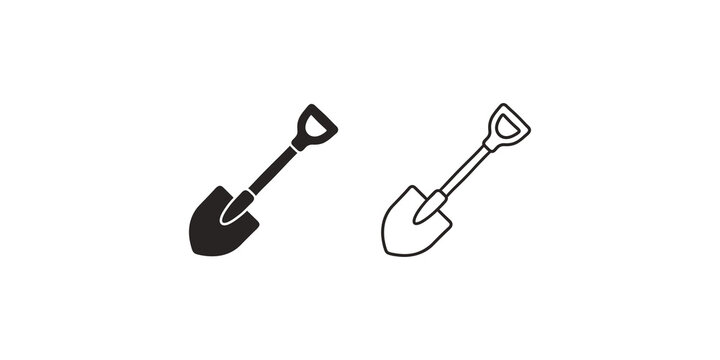 Garden shovel digging tool icons in filled and linear silhouette styles.