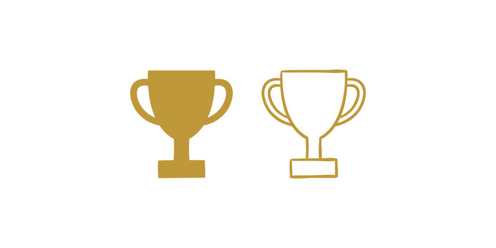 Golden trophy cup icons set in solid flat and outline hand drawn style.