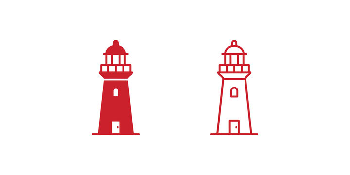 Red lighthouse building icon and outline vector design for navigation.