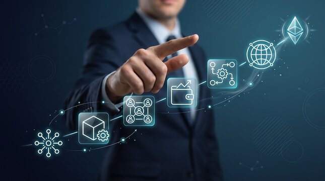 Businessman touching digital blockchain supply chain interface showing decentralized ledger and cryptocurrency wallet integration for modern logistics and asset management