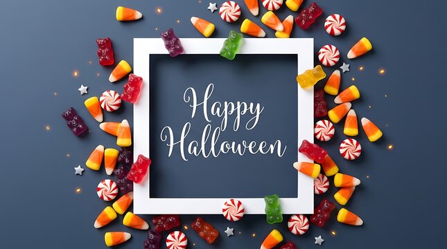 Vibrant halloween candy decorations surrounding a white square frame on a dark blue background top view