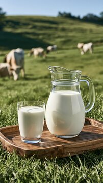 a serene countryside setting. A glass of milk and a jug of milk are placed on a wooden tray. The glass is filled with a creamy white liquid, likely milk, and the jug has a clear glass handle.