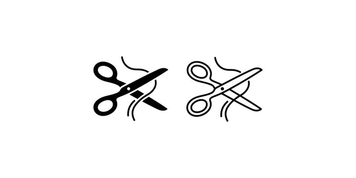 Black and white scissors cutting thread vector icons for fabric arts.