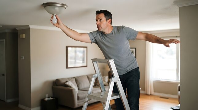Person Losing Balance on Step Ladder While Changing Light Bulb in Home Safety and DIY Caution Concept
