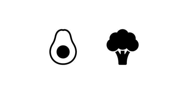 Black outline avocado and solid broccoli icons for healthy diet plan.
