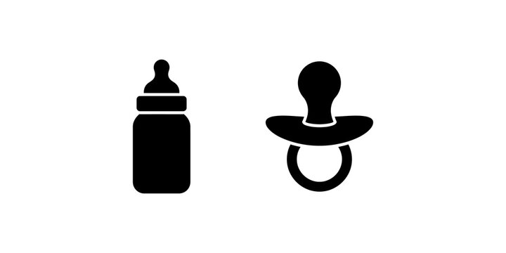 Baby feeding bottle and pacifier black isolated icon for infant care.
